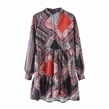 Women Printed V-neck Long Sleeve Oversize Dress